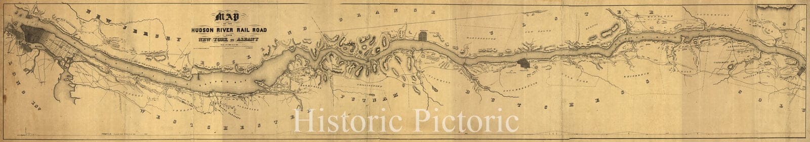Historic 1848 Map - Map of The Hudson River Rail Road from New York to Albany.