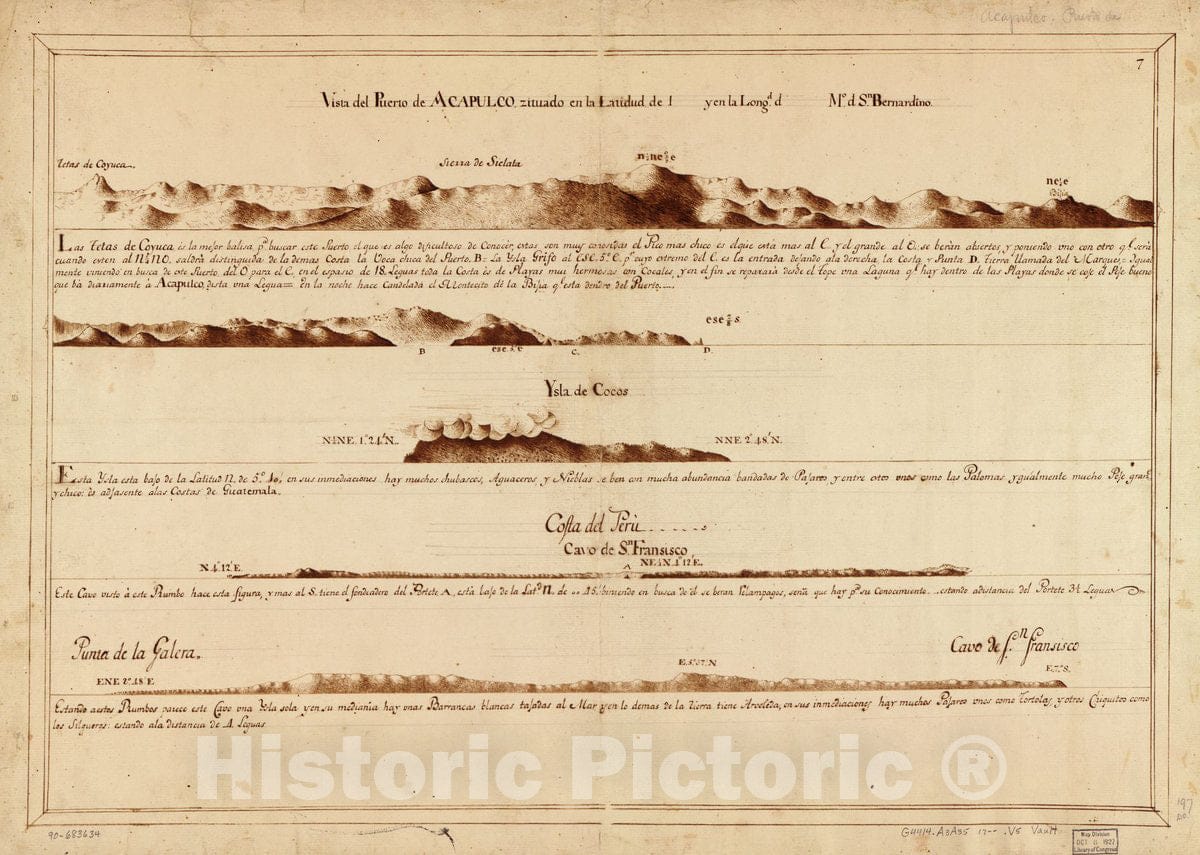 Historic 1700 Map - Vista del Puerto de Acapulco zituado en la latidud DE 1 Blank y en la longd. d. Blank mo. d. Sn. Bernardino.