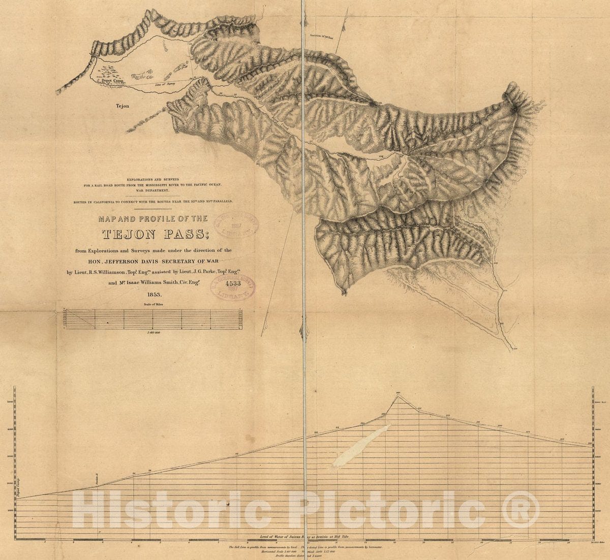 Historic 1853 Map - Map and Profile of The Tejon Pass : from explorations and surveys