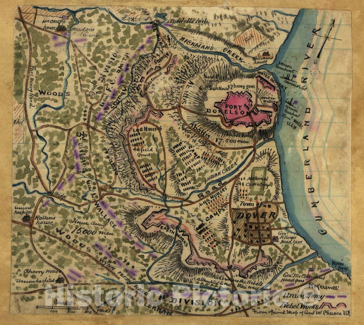Historic 1862 Map - Capture of forts sic Donelson, Tennessee by U.S. Grant, January 1862.
