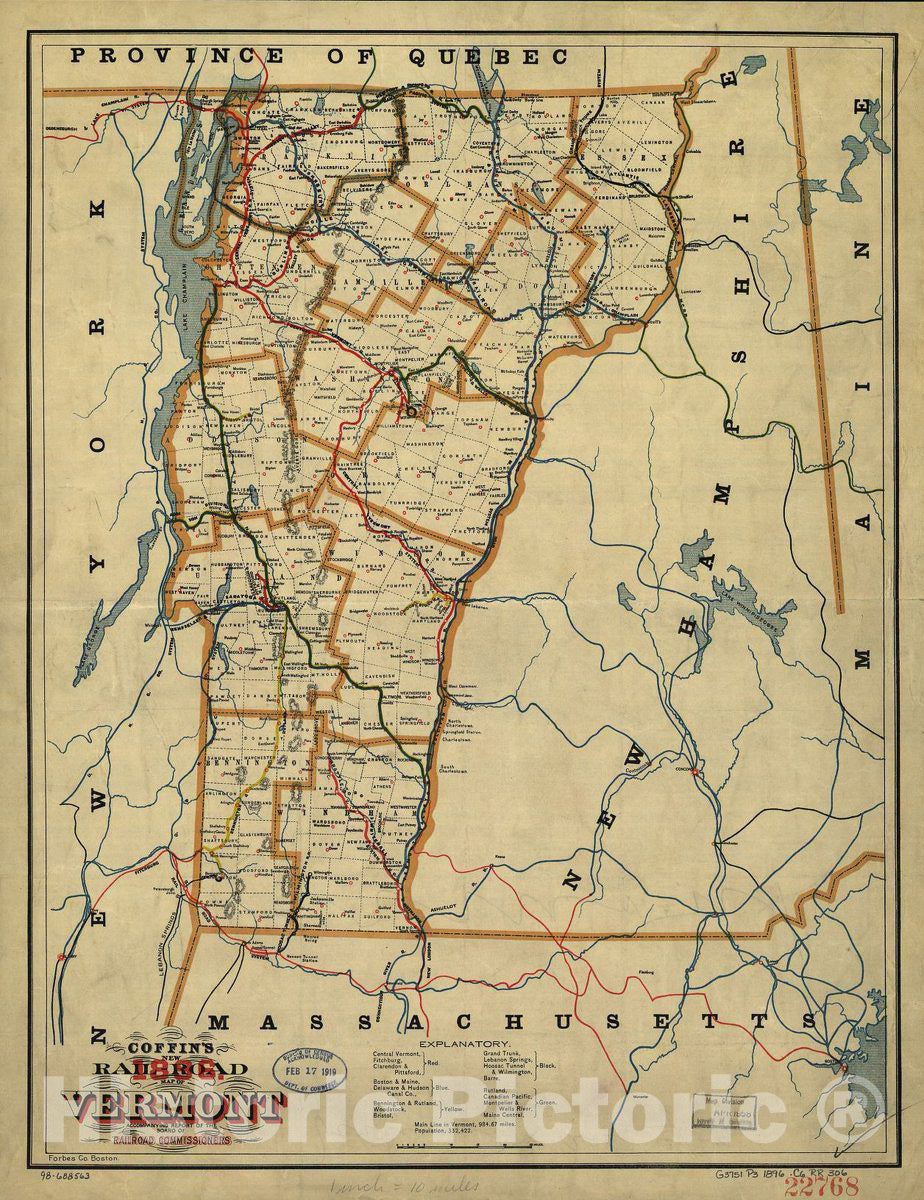 Historic 1896 Map - Coffin's New Rail-Road map of Vermont accompanying Report of The Board of Railroad commissioners, 1896.