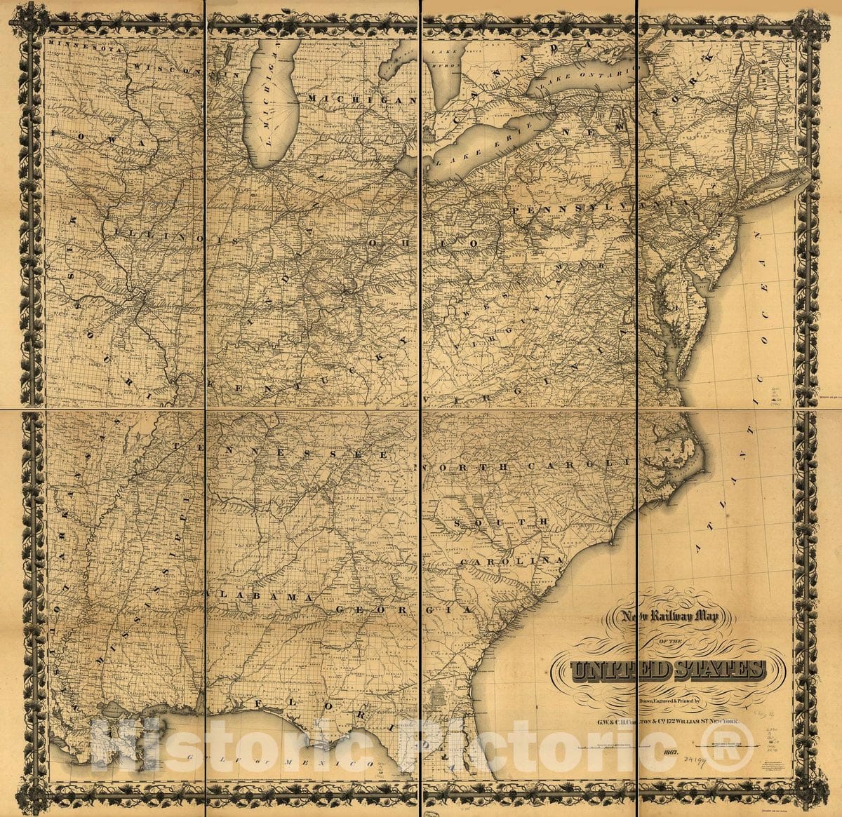 Historic 1867 Map - New Railway map of The United States.