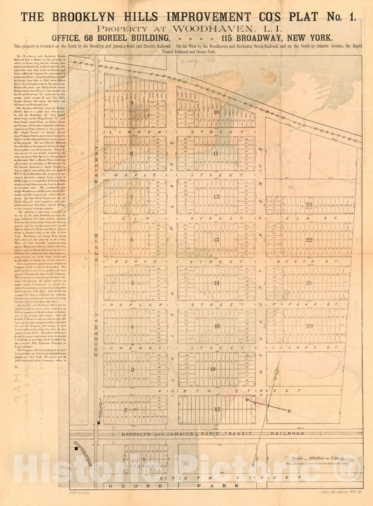 Historic 1888 Map - The Brooklyn Hills Improvement Co.'s plat no. 1 : Property at Woodhaven, L.I; Brooklyn Hills Improvement Co.'s map Showing Relative Position of Property