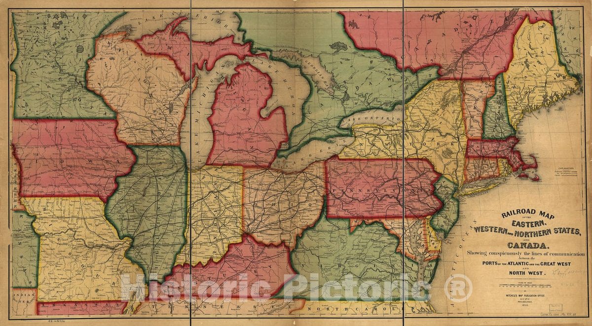 Historic 1859 Map - Railroad map of The Eastern, Western and Northern States, and Canada, Showing conspicuously The Lines of Communication Between The Ports of The Atlantic