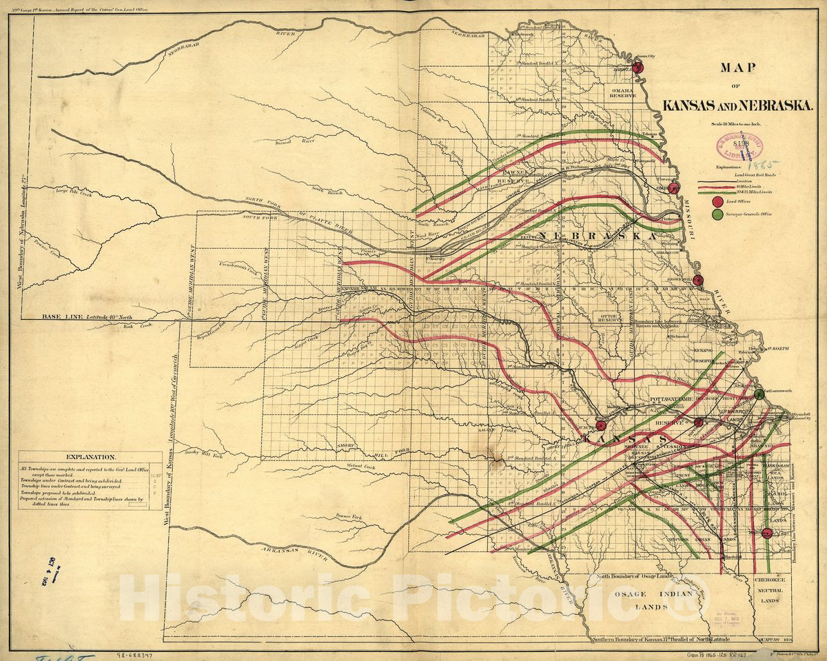 Historic 1865 Map - Map of Kansas and Nebraska.