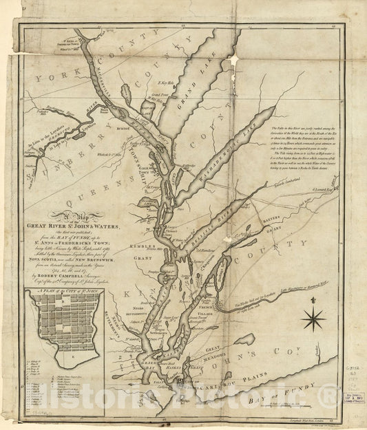 Historic 1787 Map - A map of The Great River St. John & Waters (The First Ever published) from The Bay of Fundy, up to St. Anns or Frederick's Town; Being Little Known by White People
