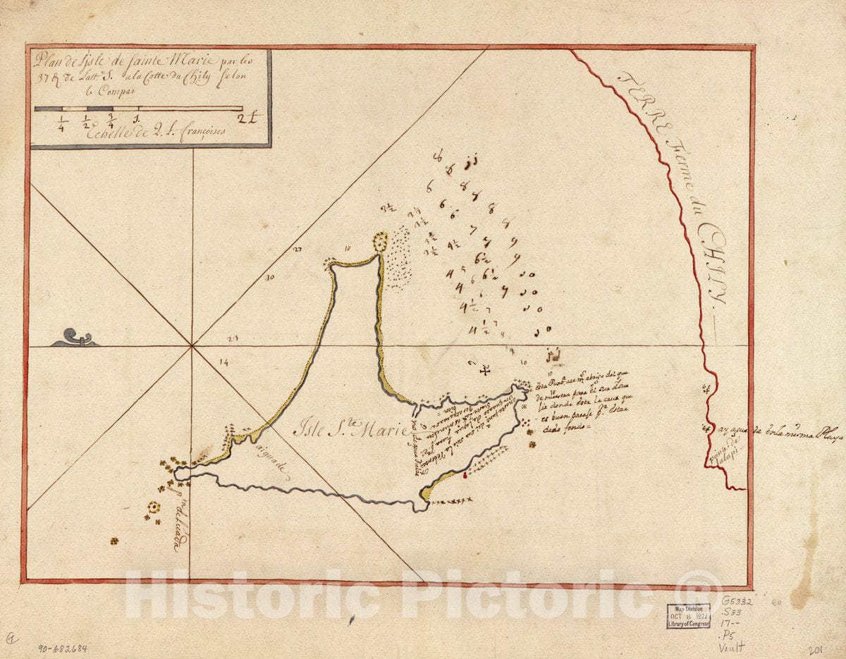 Historic 1700 Map - Plan de l'isle de Sainte Marie par les 37 g. de lattd. S. Ã  la cotte du Chily selon le Compas.