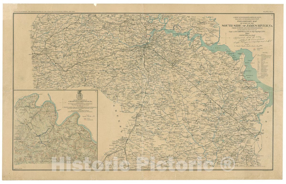 Historic 1891 Map - Preliminary map of a Part of The South Side of James River, Va. : from surveys and reconnaissances