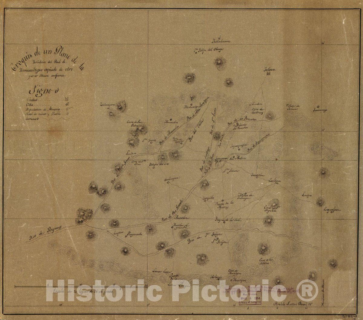 Historic 1840 Map - Croquis de un Plano de la jurisdicion del Real de Temascaltepec