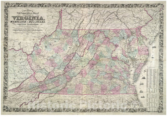 Historic 1864 Map - Colton's New Topographical map of The States of Virginia, Maryland and Delaware, Showing Also Eastern Tennessee