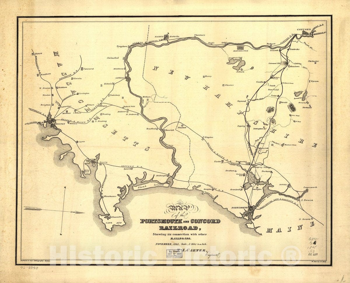 Historic 1845 Map - Map of The Portsmouth and Concord Railroad, shewing its Connection with Other Railroads.