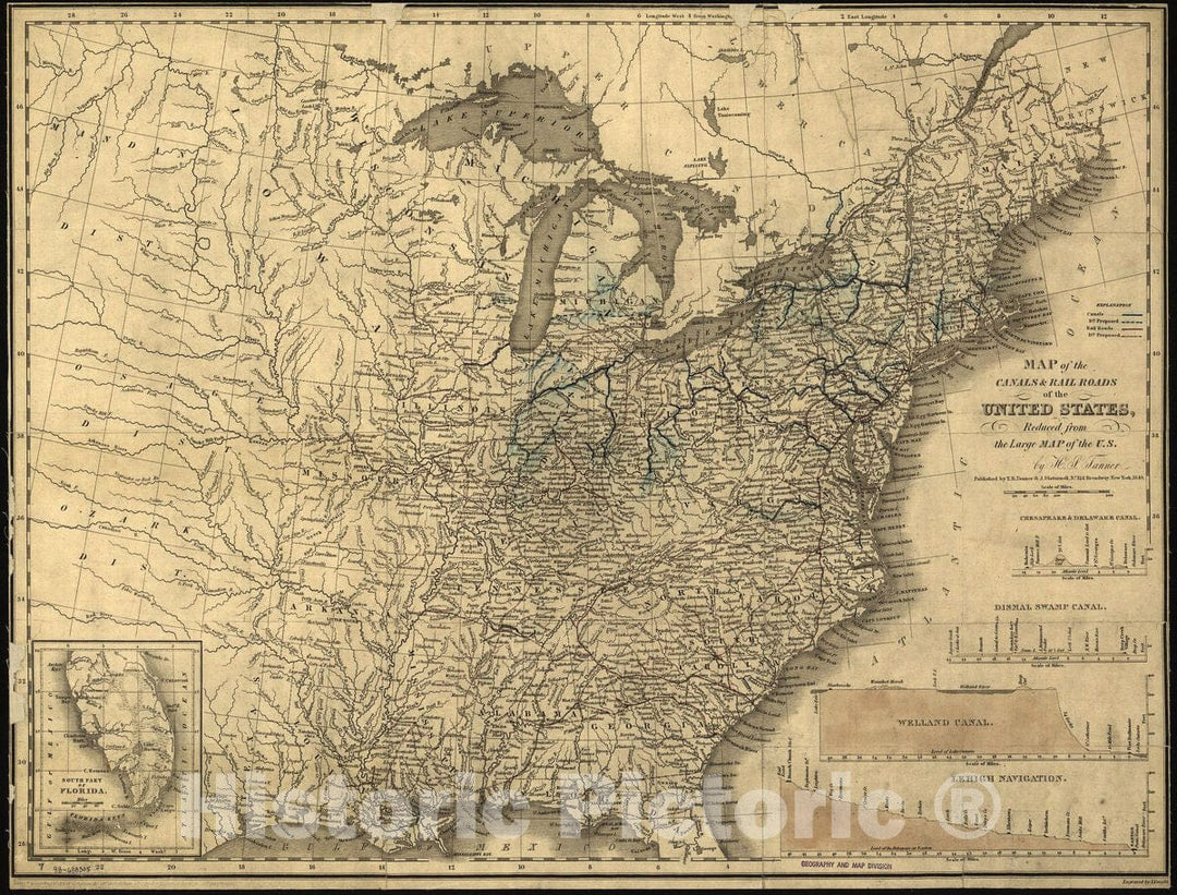 Historic 1840 Map - Map of The canals & Rail Roads of The United States, Reduced from The Large map of The U.S; Engraved by J. Knight.