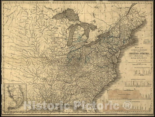 Historic 1840 Map - Map of The canals & Rail Roads of The United States, Reduced from The Large map of The U.S; Engraved by J. Knight.
