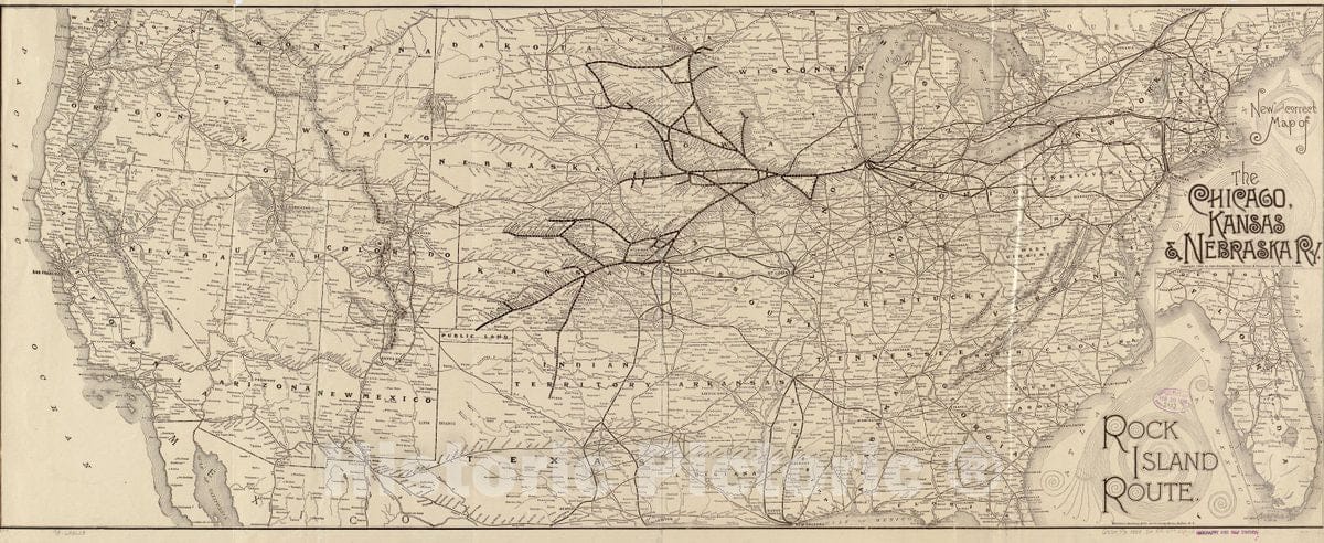 Historic 1888 Map - New and Correct map of The Chicago, Kansas & Nebraska Ry. Rock Island Route.