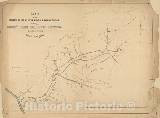 Historic 1850 Map - Map of The Property of The Western Mining & Manufacturing Co. situate on Drody's Creek, Coal River Peytona, Boone County, Western Virginia