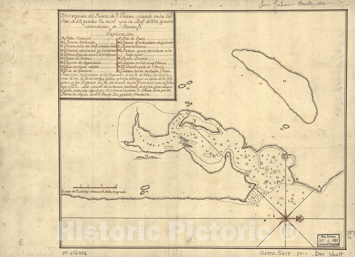 Historic 1700 Map - DescripciÃ³n del Puerto de Sn. JuliÃ¡n situado en la latd. sur DE 49 grados 20 mins. y en la longd. de 310 grados, merediano de Thenerife.