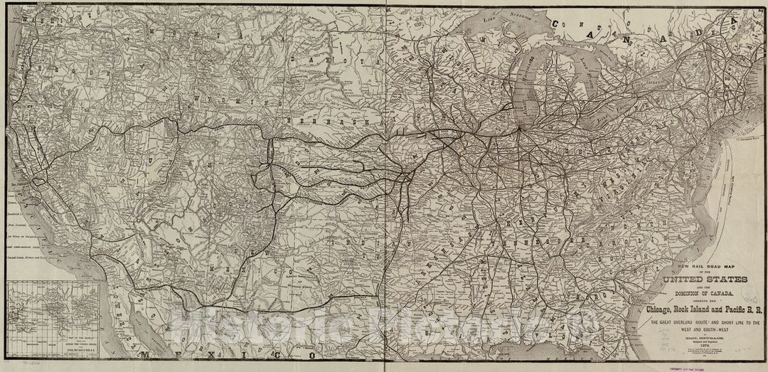 Historic 1879 Map - New Rail Road map of The United States and The Dominion of Canada, Showing The Chicago, Rock Island and Pacific R.R; The Great Overland Route