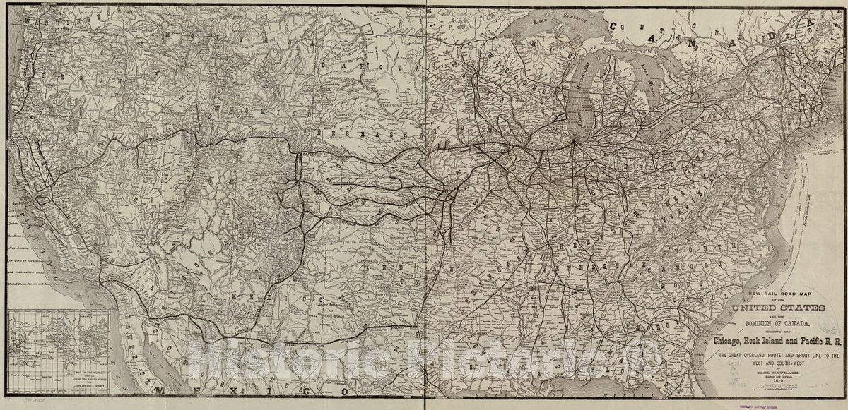 Historic 1879 Map - New Rail Road map of The United States and The Dominion of Canada, Showing The Chicago, Rock Island and Pacific R.R; The Great Overland Route
