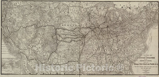 Historic 1879 Map - New Rail Road map of The United States and The Dominion of Canada, Showing The Chicago, Rock Island and Pacific R.R; The Great Overland Route