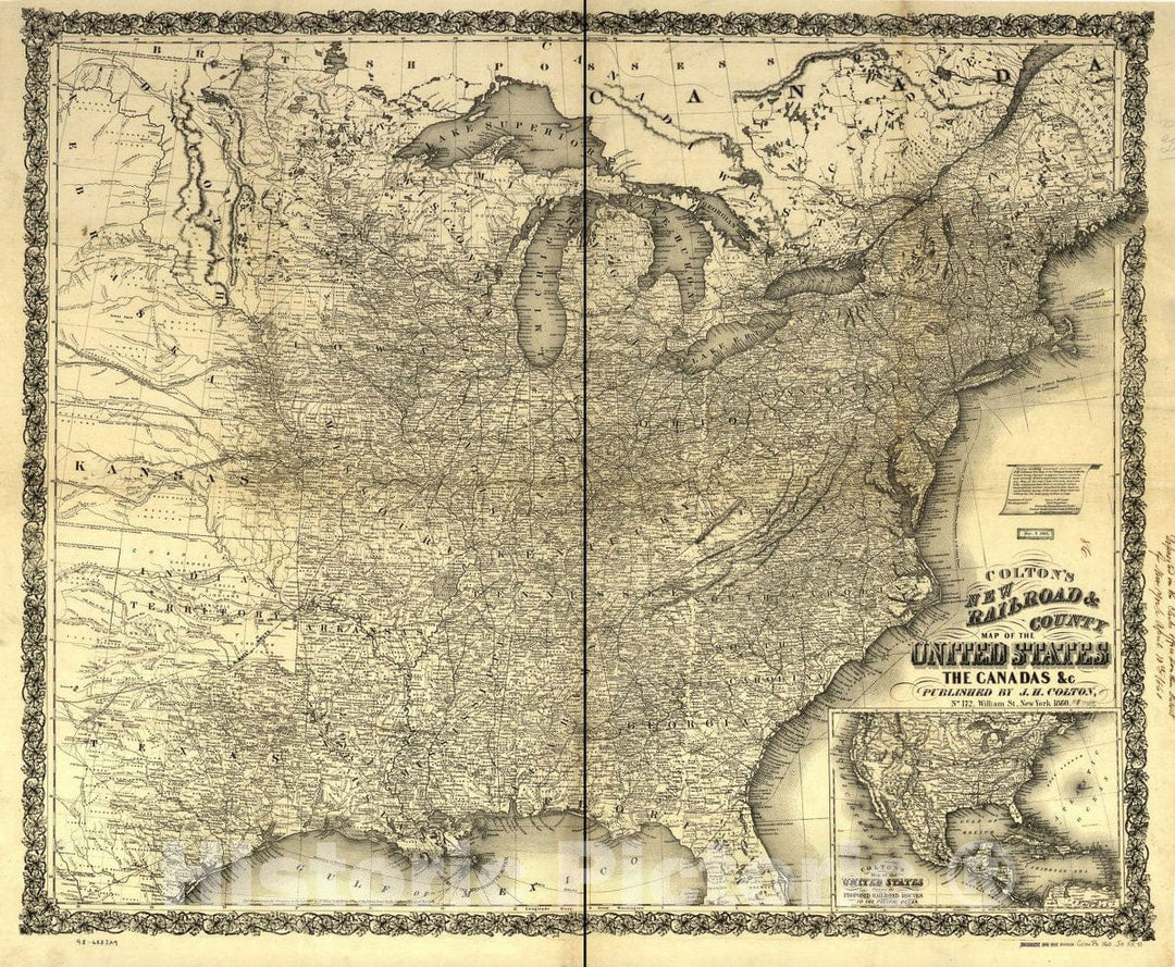 Historic 1860 Map - Colton's New Railroad & County map of The United States and The Canadas