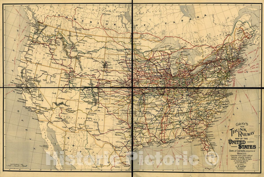 Historic 1898 Map - Gray's New Trunk Railway map of The United States, Dom. of Canada and Portion of Mexico. Compiled from Latest Official Sources
