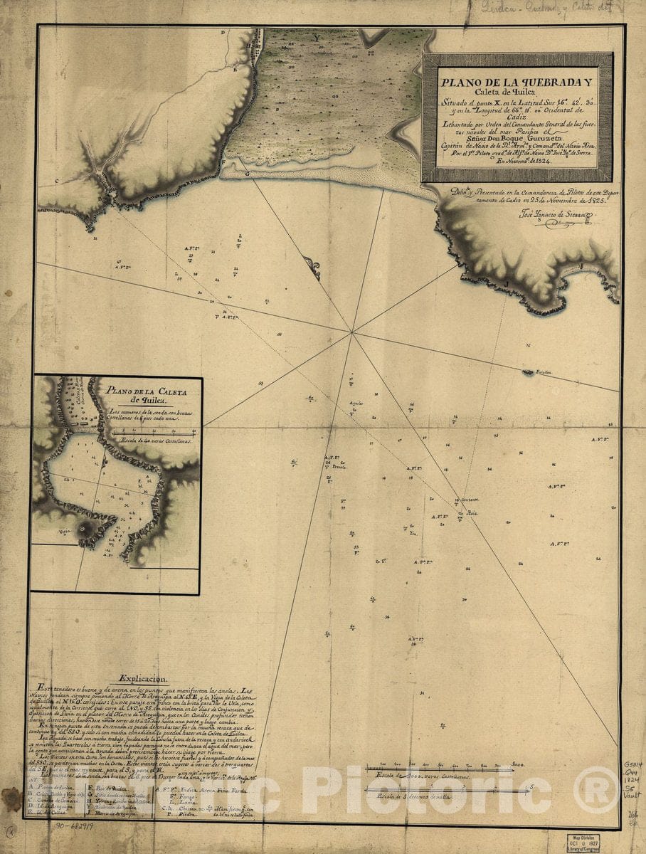 Historic 1824 Map - Plano de la quebrada y Caleta de Quilca, situado el Punto X en la latitud sur 164230 sic y en la longitud DE 661100 ocidental de CÃ¡diz