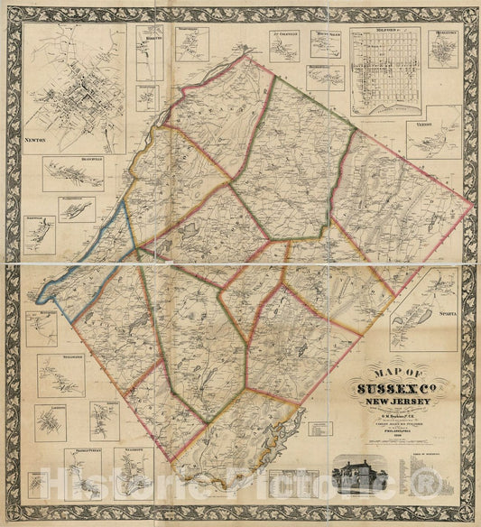 Historic 1860 Map - Map of Sussex Co, New Jersey : from Actual surveys & Records