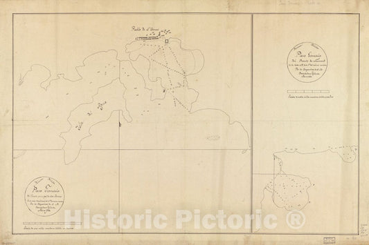 Historic 1793 Map - Plano geomÃ©trico del Puerto Principal de San Tomas en la Costa meridional de la ya. del mismo nombre ; Plano geomÃ©trico del Puerto de Normand en la Costa N.O. de la ya.