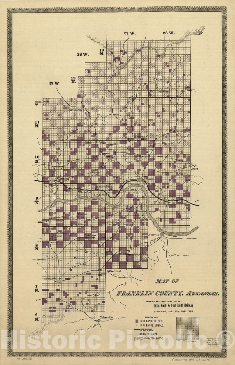 Historic 1893 Map - Map of Franklin County, Arkansas; Showing The Land Grant of The Little Rock & Fort Smith Railway.