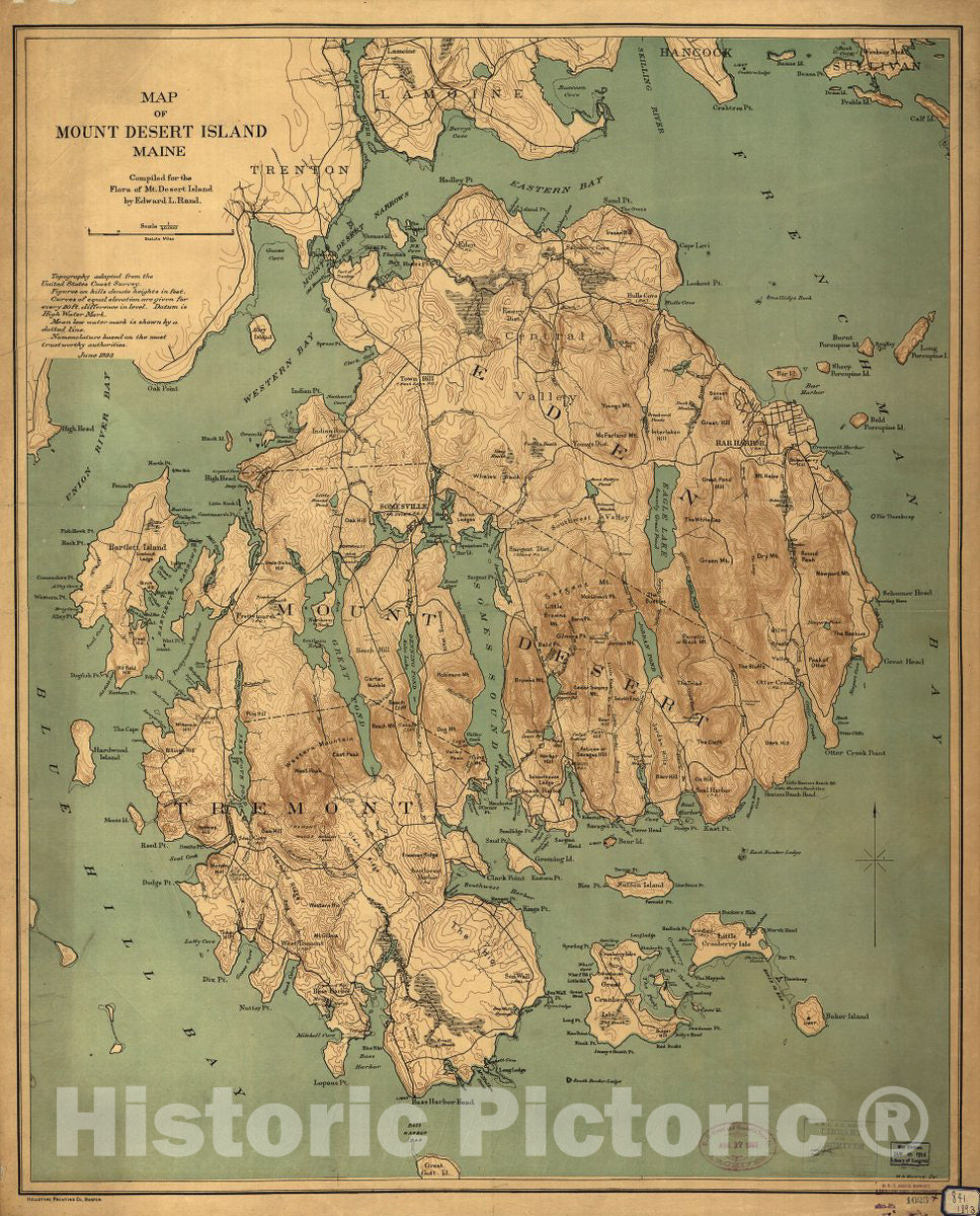 Historic 1893 Map - Map of Mount Desert Island, Maine.