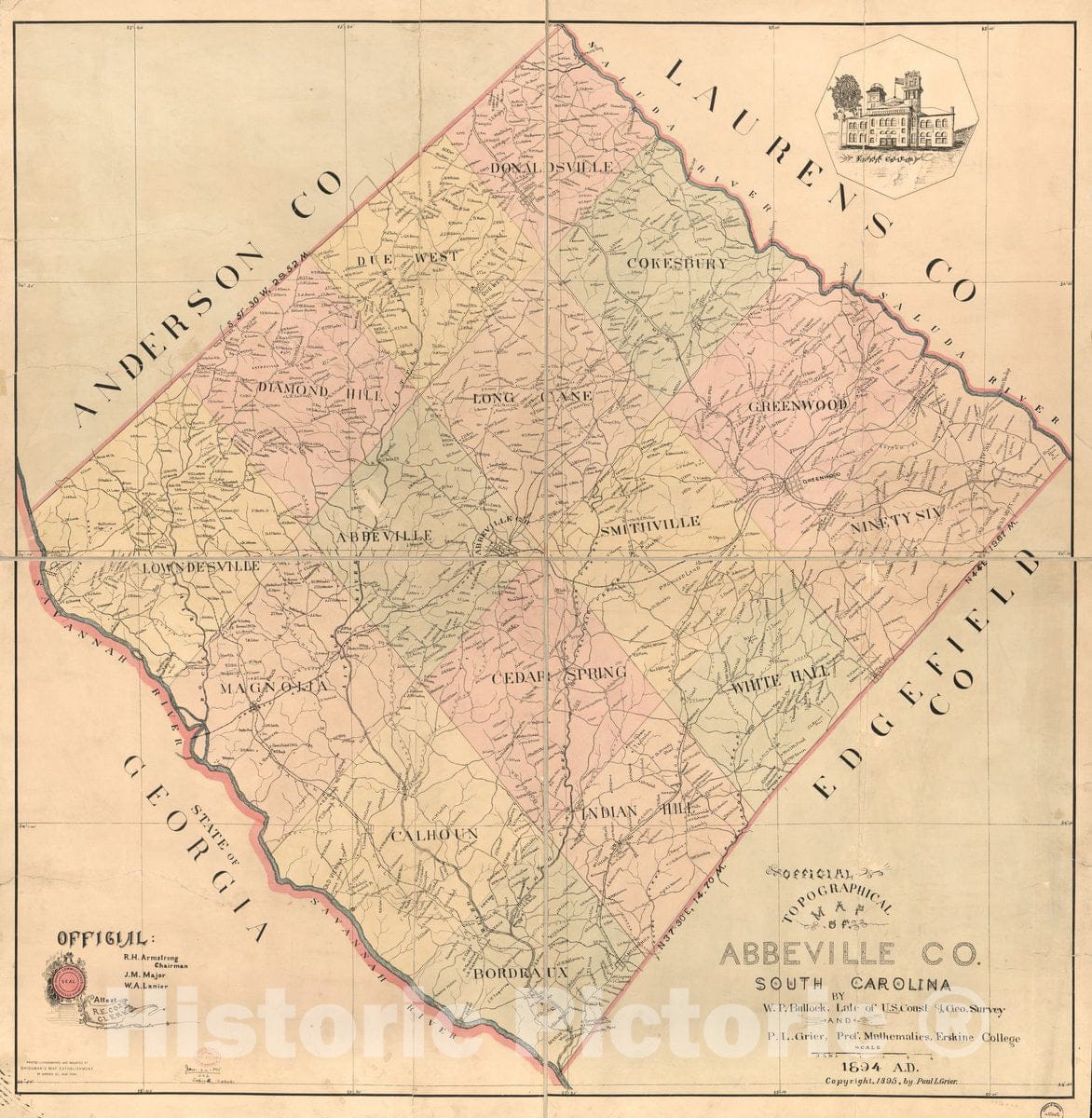 Historic 1895 Map - Official Topographical map of Abbeville Co, South Carolina