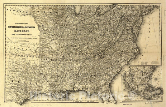 Historic 1865 Map - Map Showing The New Orleans, Mobile & Chattanooga Railroad and its Connections.