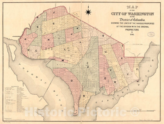 Historic 1884 Map - Map of The City of Washington in The District of Columbia Showing The Lines of The Various Properties at The Division with The Original proprietors in 1792.