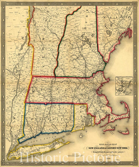 Historic 1849 Map - Railroad map of New England & Eastern New York complied from The Most Authentic Sources.