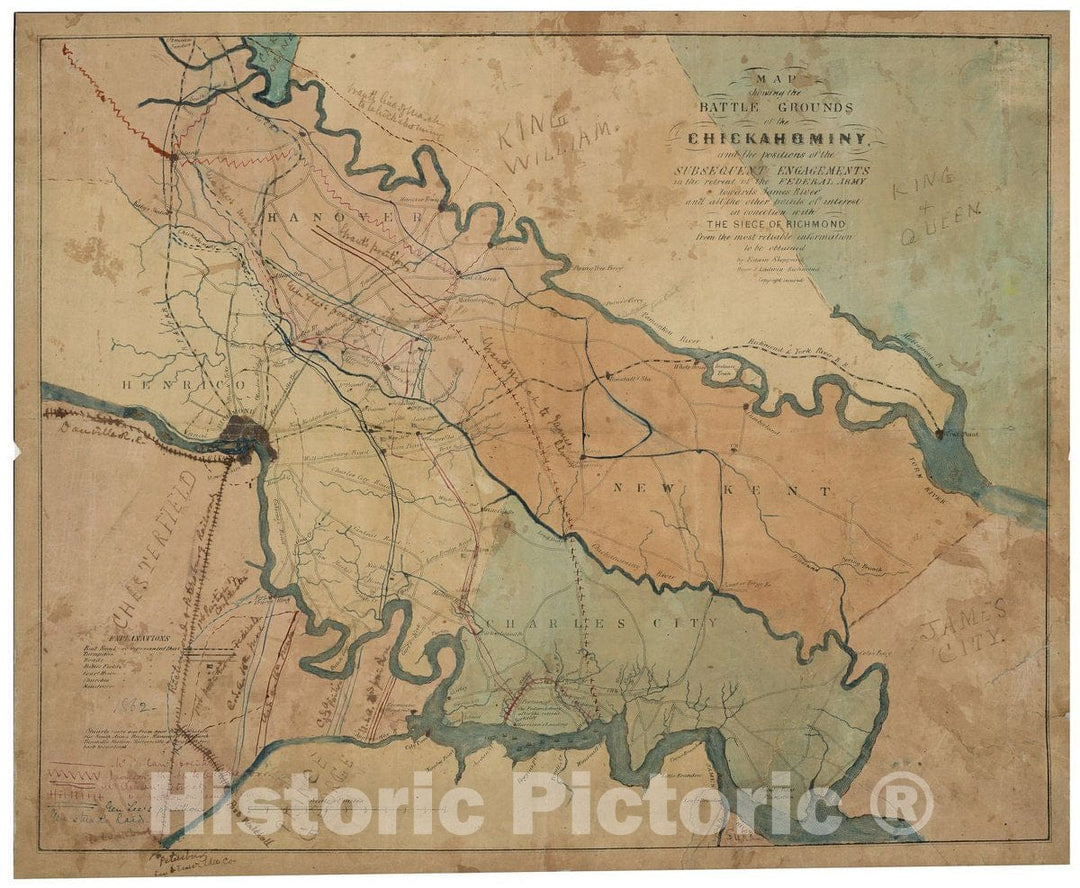 Historic 1862 Map - Map Showing The Battle Grounds of The Chickahominy : and The Positions of The subsequent engagements in The Retreat of The Federal Army Towards James River