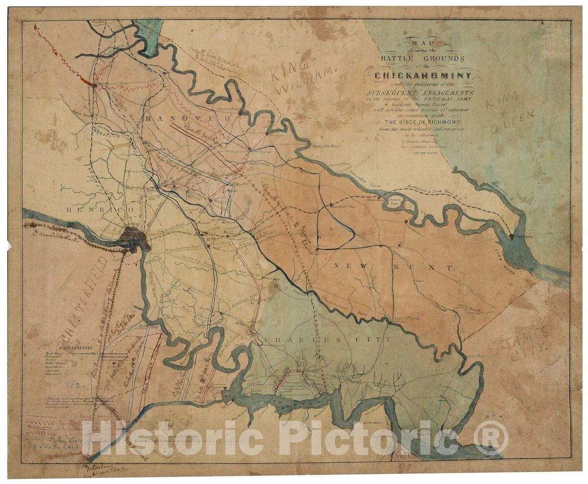 Historic 1862 Map - Map Showing The Battle Grounds of The Chickahominy : and The Positions of The subsequent engagements in The Retreat of The Federal Army Towards James River