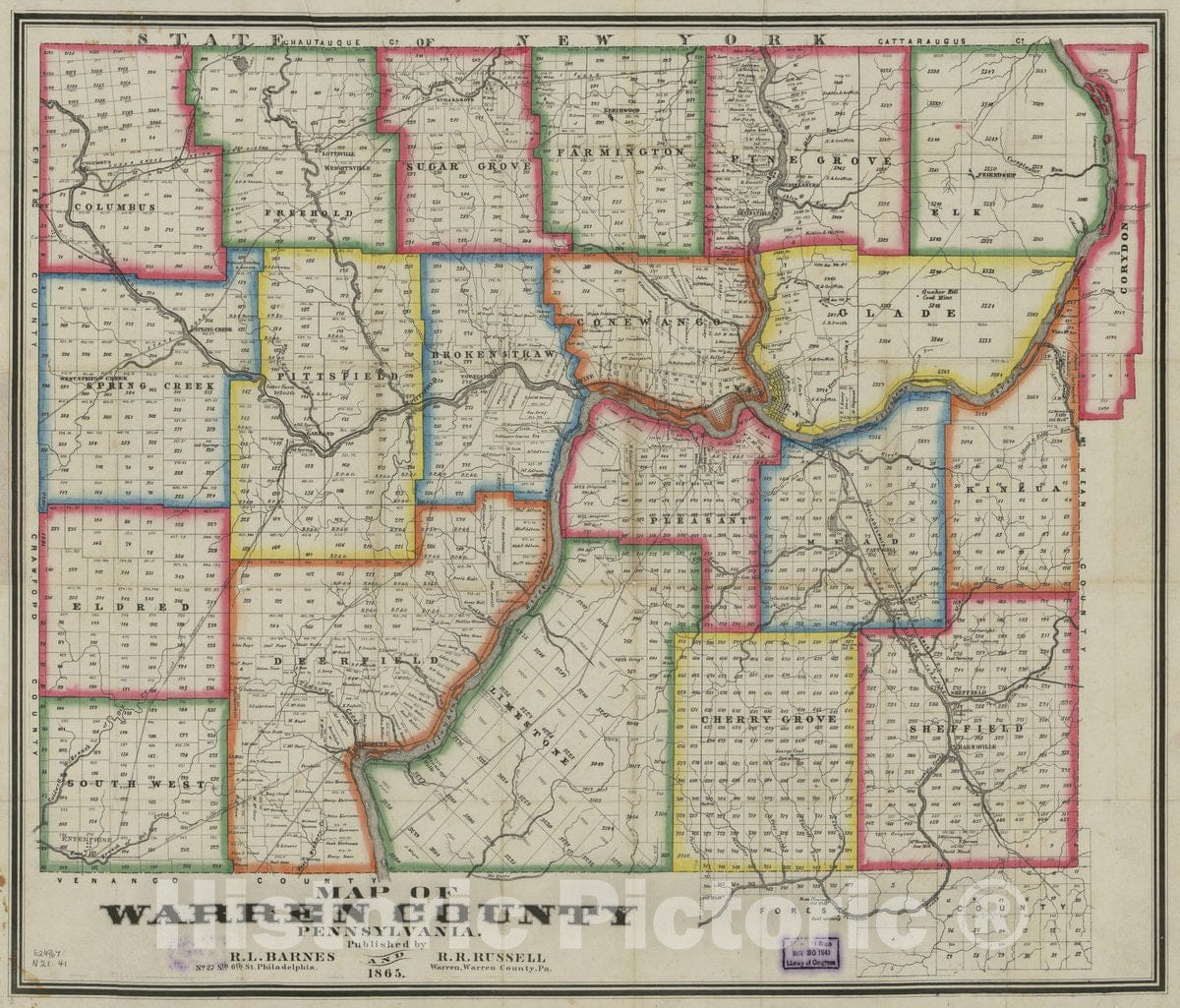 Historic 1865 Map - Map of Warren County, Pennsylvania.