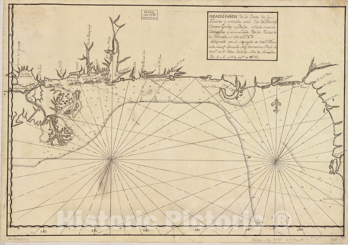 Historic 1769 Map - DescripsiÃ³n de la Costa de la Luciana y entrada en el RÃ­o de Micisipi con sus zondas y bajos,de la Armada, el aÃ±o de 1769.
