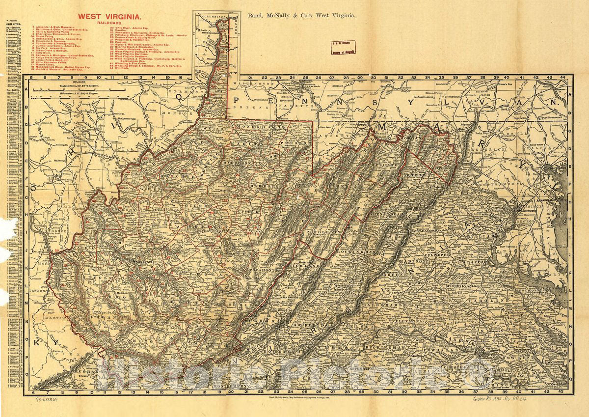 Historic 1898 Map - Indexed County and Railroad Pocket map and shippers Guide of West Virginia, accompanied by a New and Original Compilation and Ready Reference Index