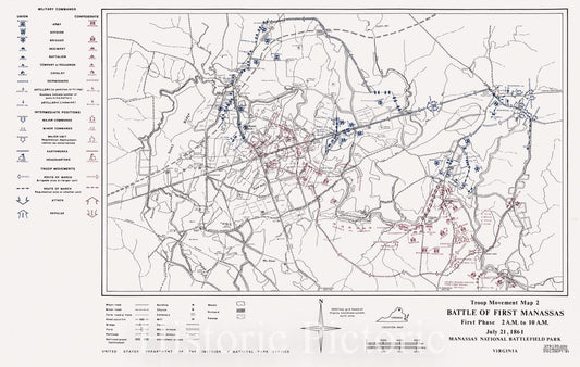 Historic Map - Troop Movement map Battle of First Manassas July 21, 1861, Manassas National Battlefield Park, Virginia - Map 2: Battle of First Manassas, 1st Phase