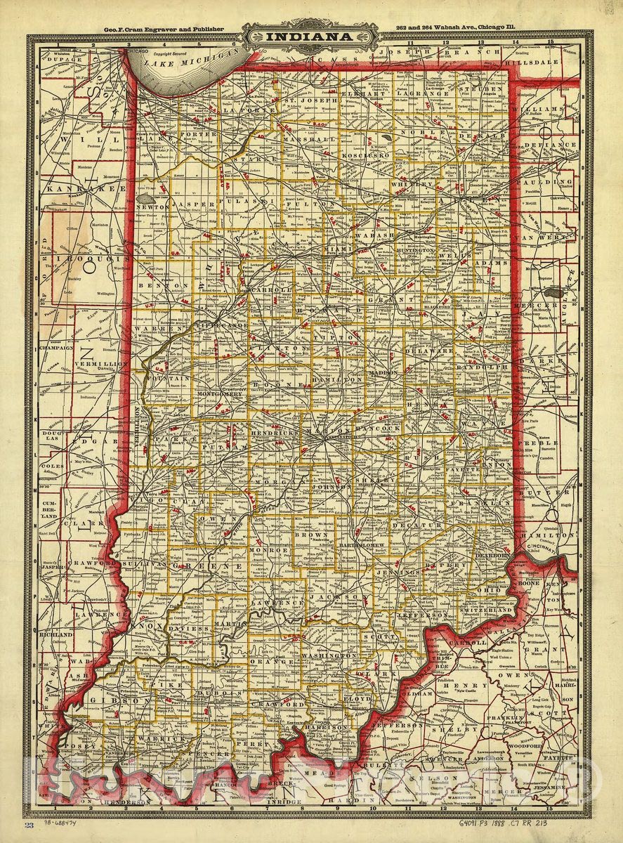 Historic 1888 Map - Cram's Township and Rail Road map of Indiana.