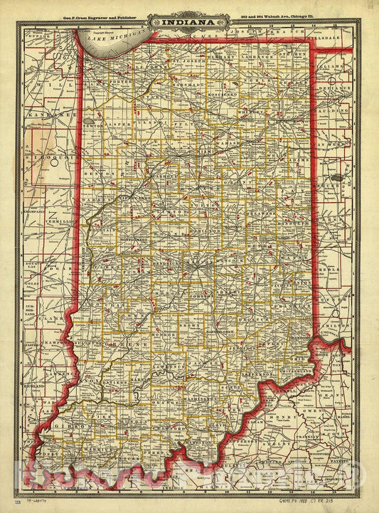 Historic 1888 Map - Cram's Township and Rail Road map of Indiana.