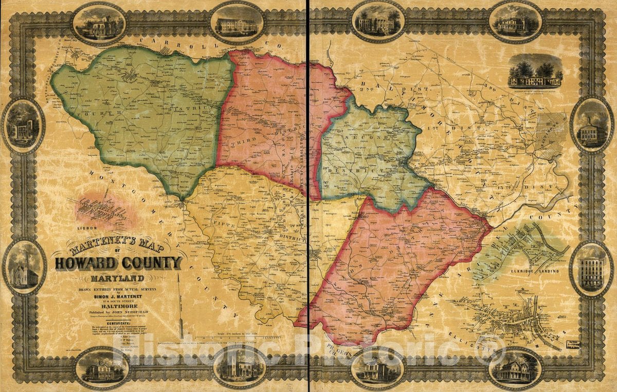 Historic 1860 Map - Martenet's Map of Howard County, Maryland : Drawn Entirely from Actual surveys