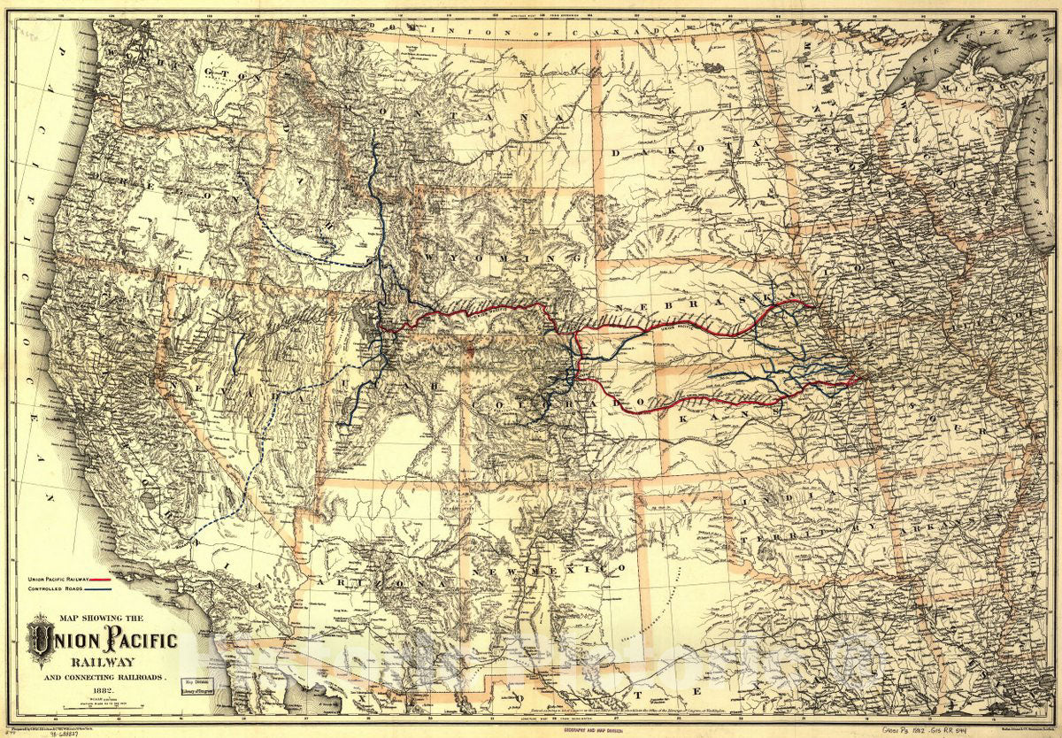 Historic 1882 Map - Map Showing The Union Pacific Railway and Connecting Railroads.