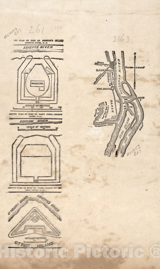 Historic Map - Civil War Proof maps : United States. - Ground Plan of Fort on Fenwick's Island (SC); Savannah River with fortifications