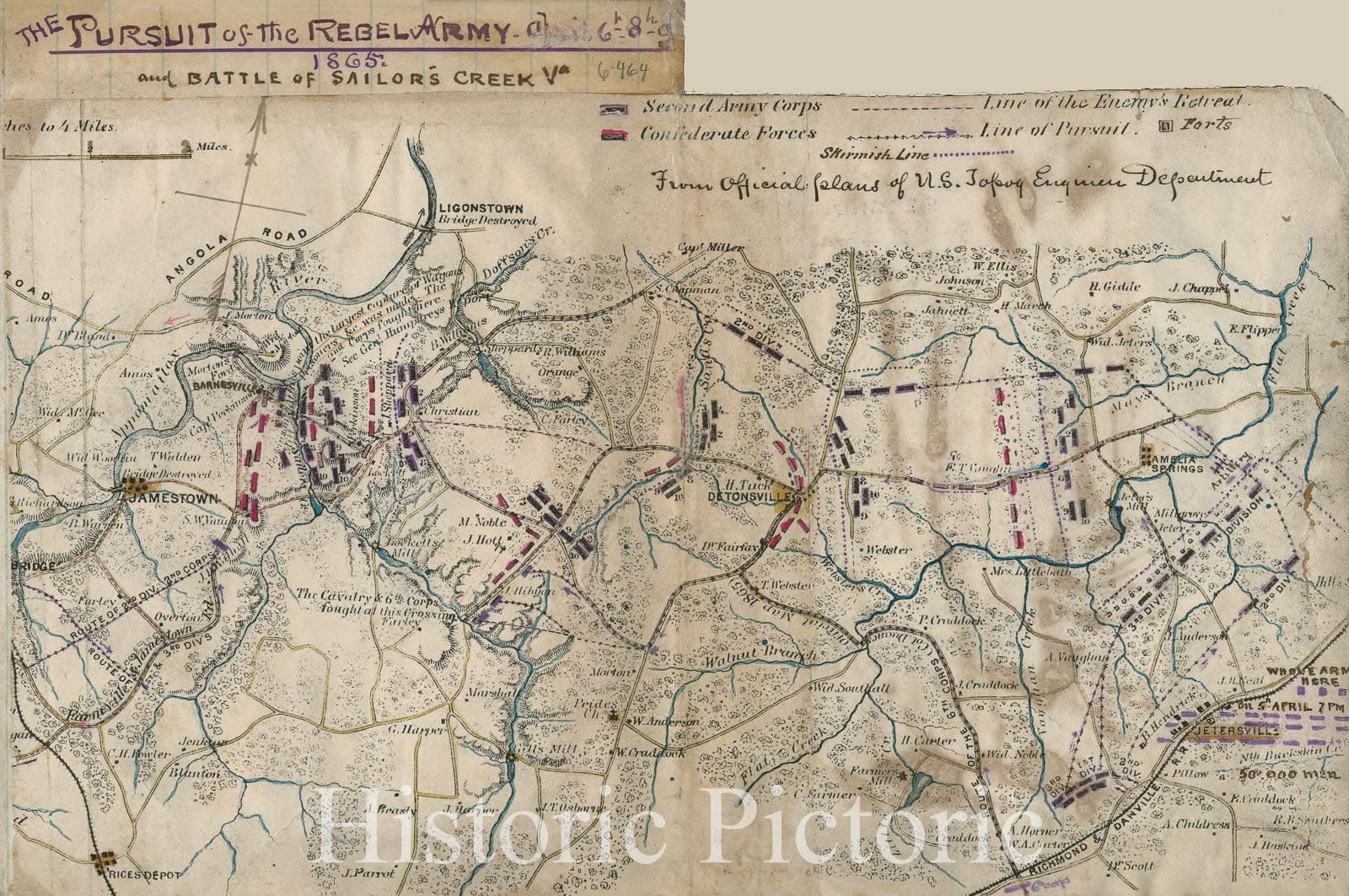 Historic 1865 Map - The Pursuit of The Rebel Army, April 6th-8th, 1865, and Battle of Sailor's Creek, Va.