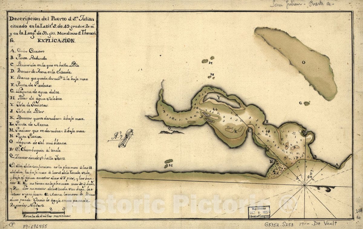 Historic 1700 Map - DescripciÃ³n del Puerto d. Sn. JuliÃ¡n cituado en la latitd. S. DE 49 grados 20 ms. y en la longd. de 310 grs, meridiano d. Thenerife.