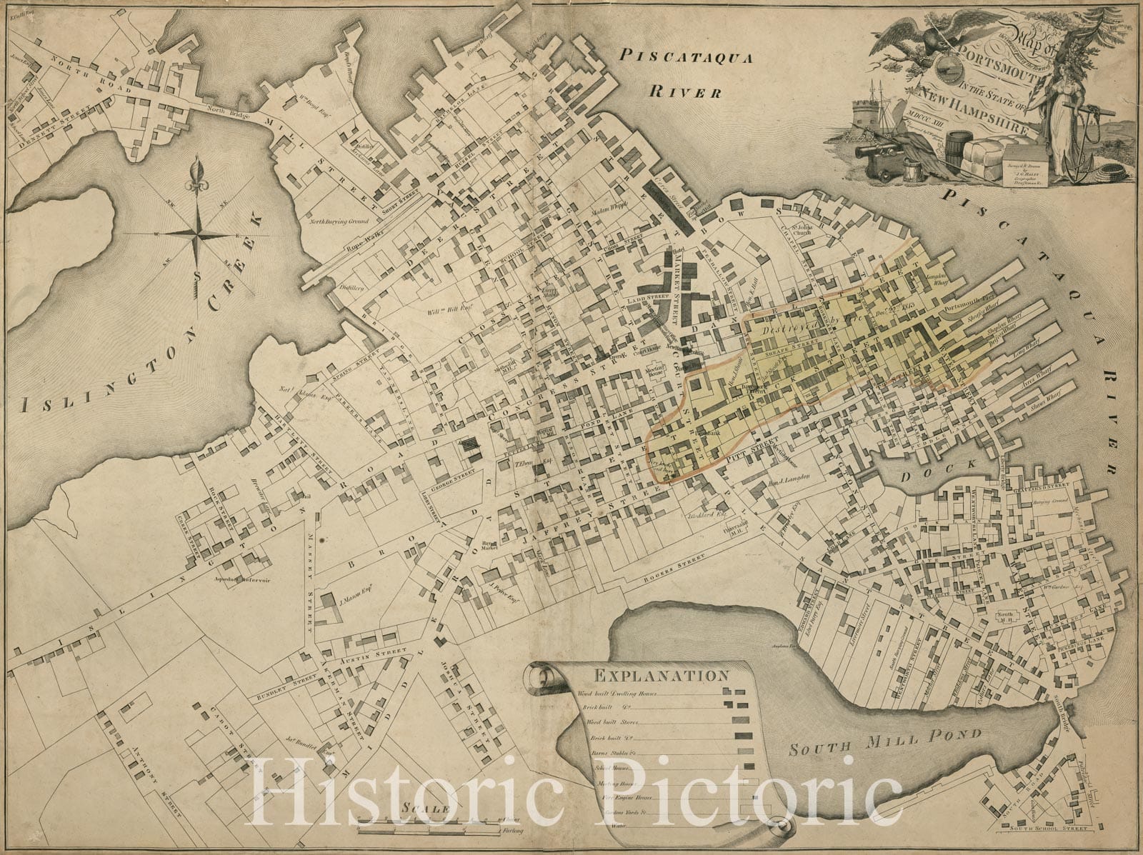 Historic 1813 Map - Map of The Compact Part of The Town of Portsmouth in The State of New Hampshire : 1813
