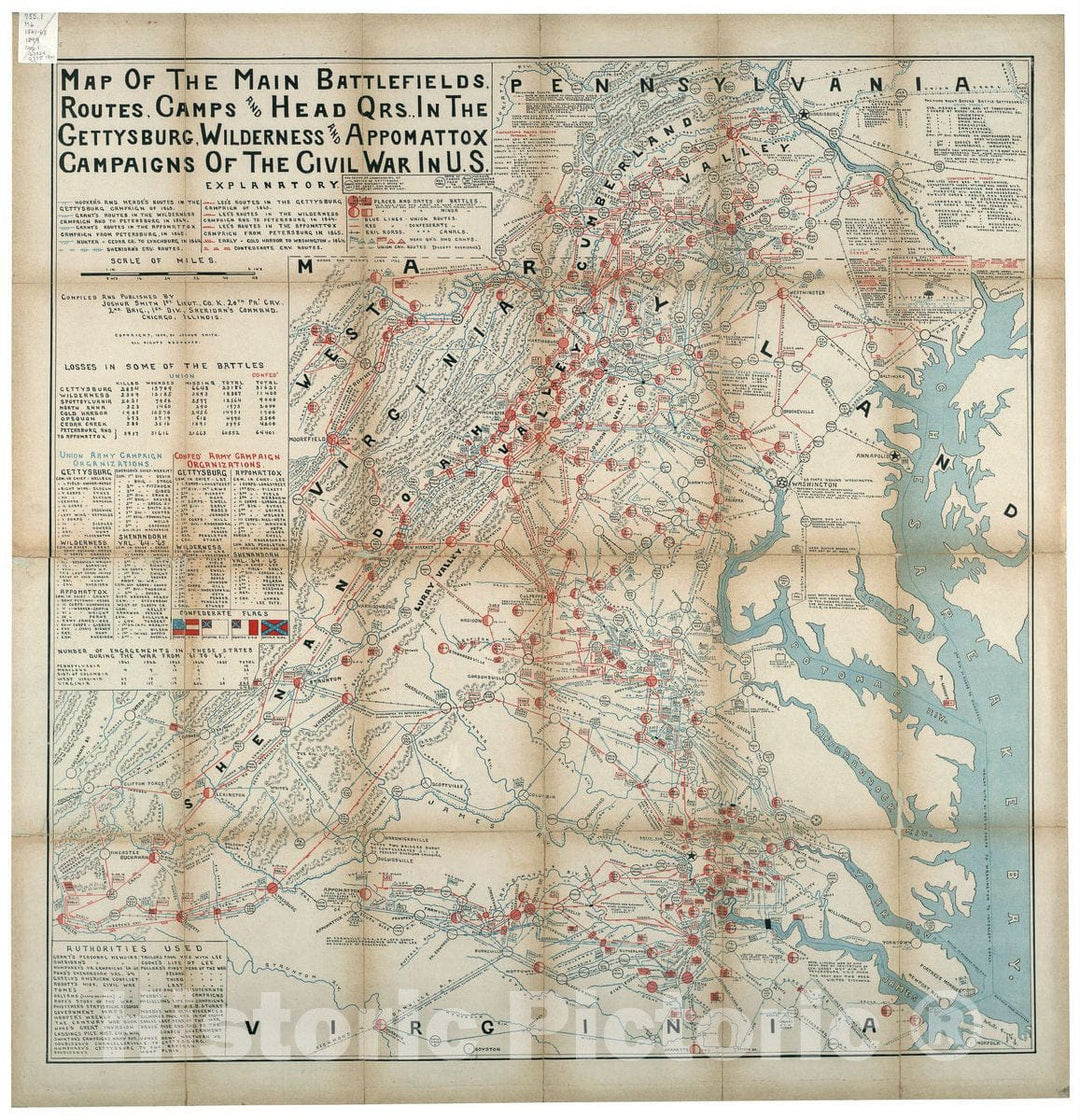 Historic 1900 Map - Map of The Main battlefields, Routes, Camps and Head qrs, in The Gettysburg, Wilderness and Appomattox campaigns of The Civil War in U.S. 1