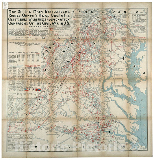 Historic 1900 Map - Map of The Main battlefields, Routes, Camps and Head qrs, in The Gettysburg, Wilderness and Appomattox campaigns of The Civil War in U.S. 1